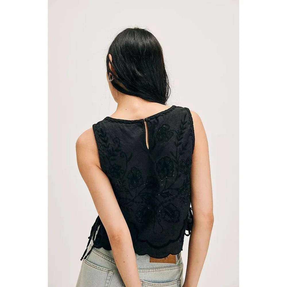 Free People Faded Gardens Tank Cropped Top Floral Embroidered Cotton XL 288563